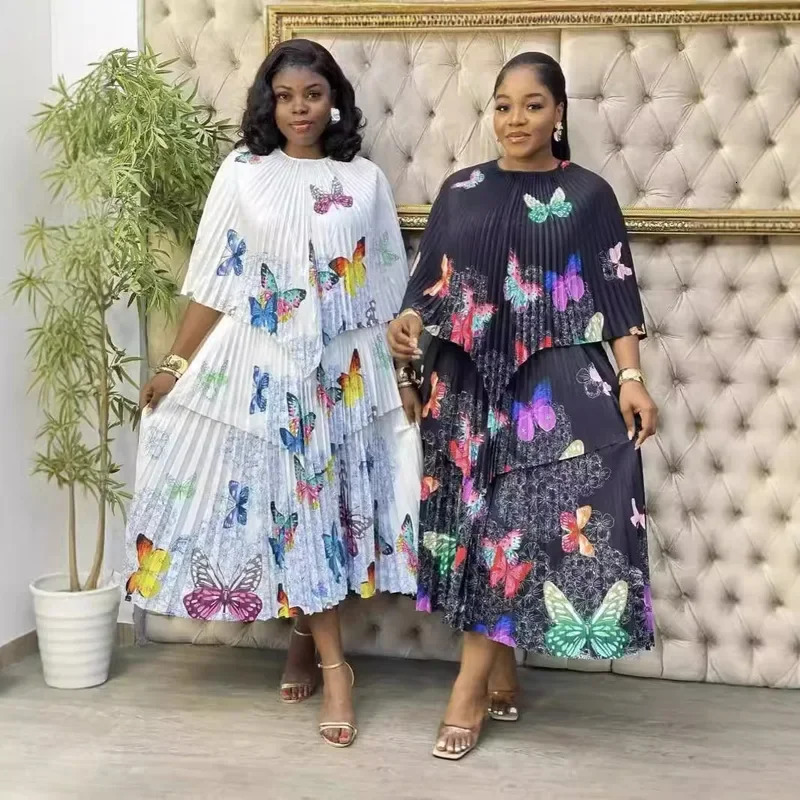 Miyake Pleated Print two piece set women outfit abaya top and skirt summer clothing 250106