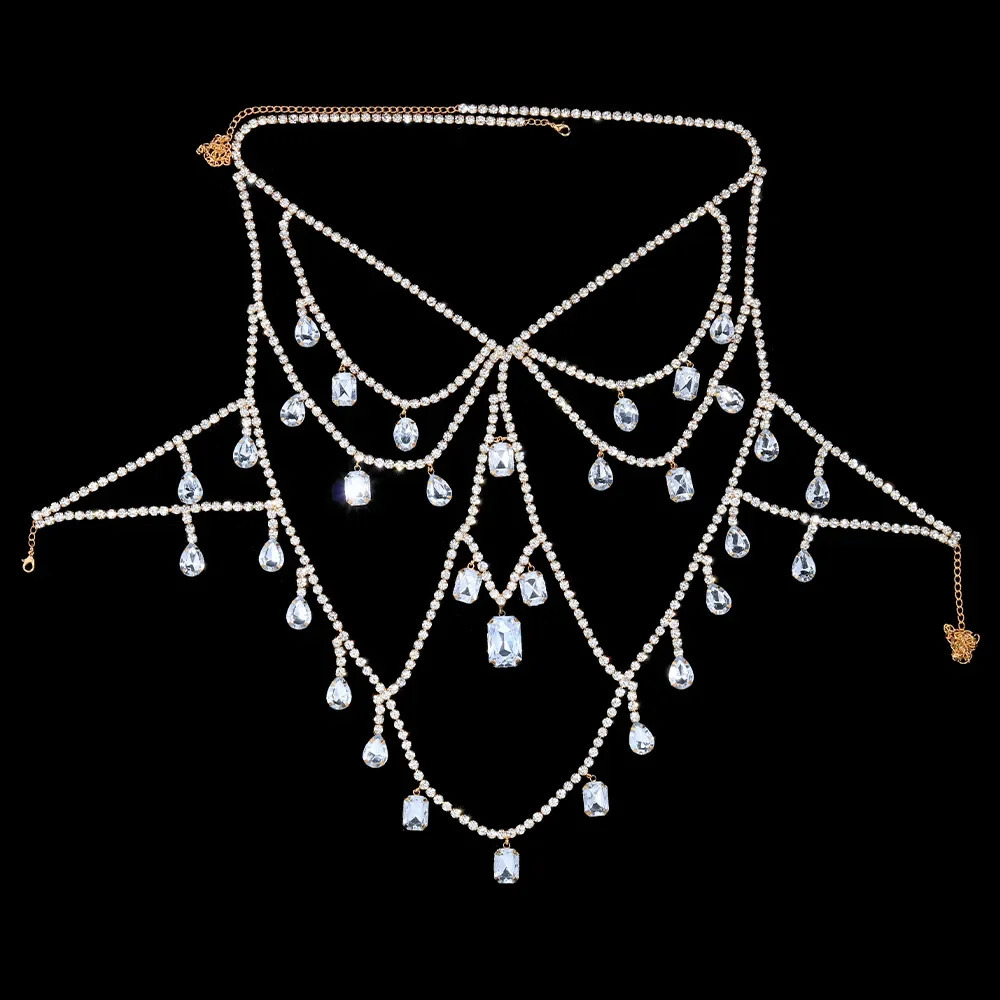 XSBODY Charm Exaggerated Big Crystal Lingerie Chest Chain Water Drop Gem Rhinestone Bra Vest Chain Ladies Clubwear Jewelry 250107