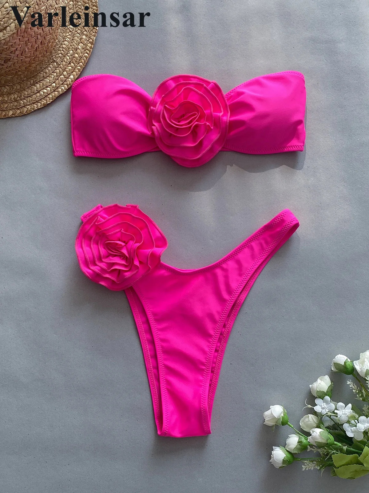 3D Flowers Bandeau Strapless Striped Bikini Women Swimwear Female Swimsuit Twopieces set Bather Bathing Suit Swim V4938H 250108