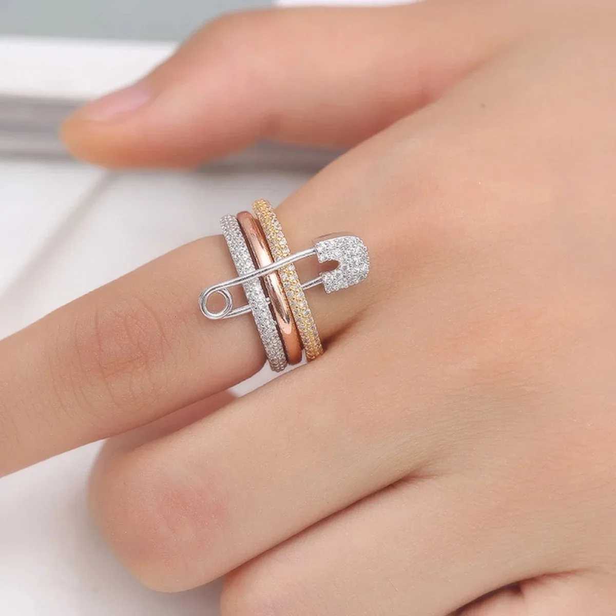Pin Ring Three Layer Zircon Series Hip Hop Style Stainless Steel New Year Gift Party Jewelry Ring W250109