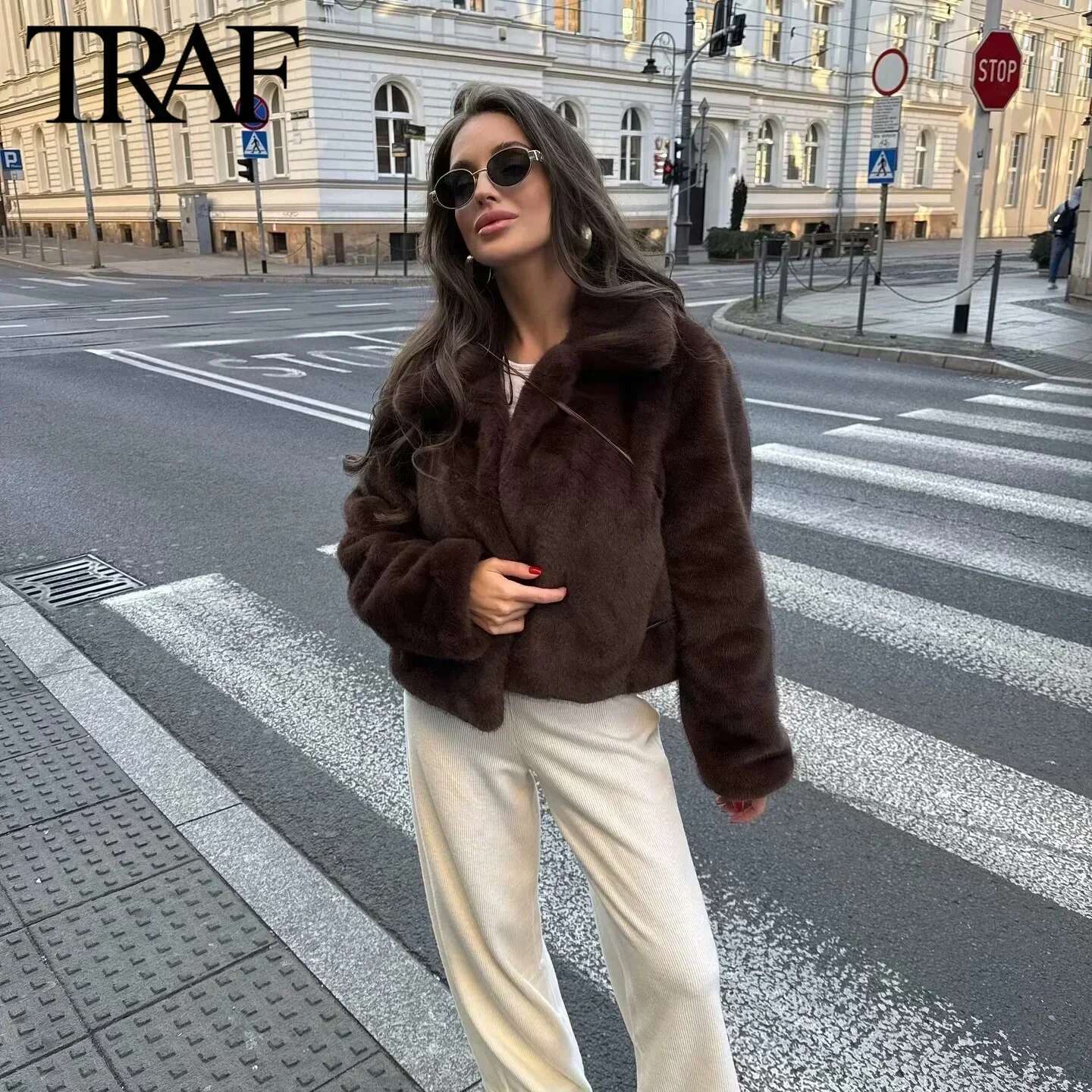 TRAF Faux Jacket For Women Fashion 2024 Winter New Artificial Fur Effect Lapel Long Sleeved Short Coats Chic Ladies Top