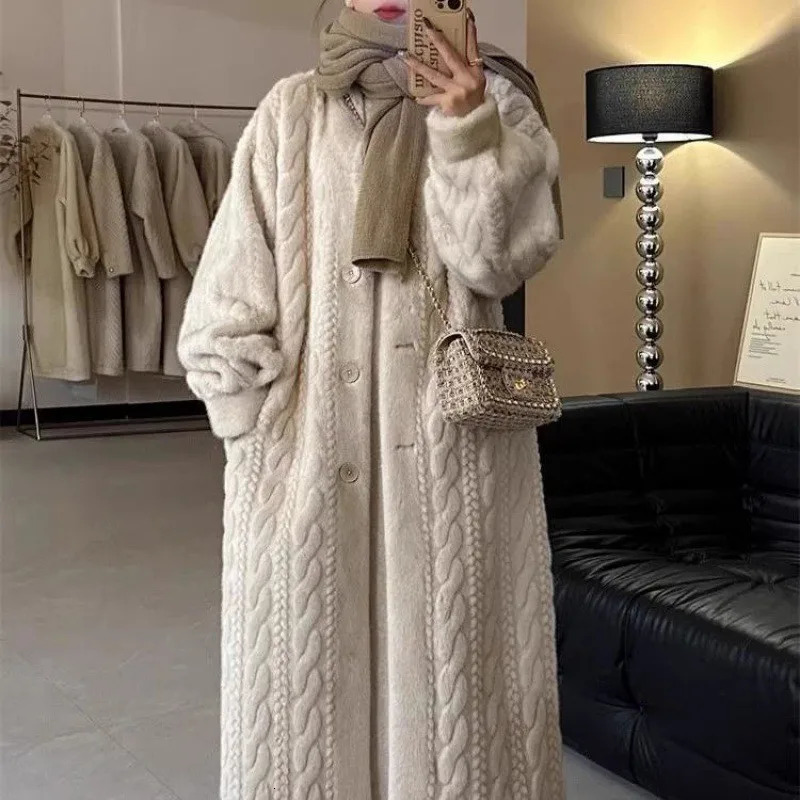 Women Sweaters Long Sleeve V Neck Solid Thick Jumpers Button High Street Cardigan Knit Pocket Slight Strech Patchwork Regular 250106