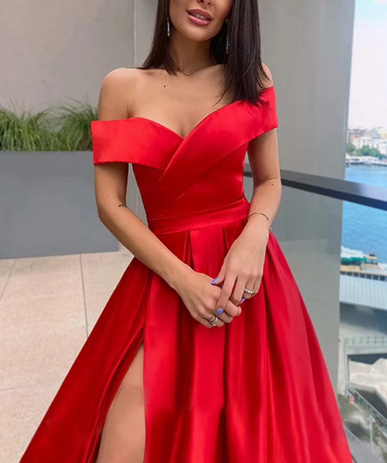 Prom Dresses Long Off Shoulder V Neckline with Slit Satin Red A Line Formal Party Evening Gowns Women Custom made 250106