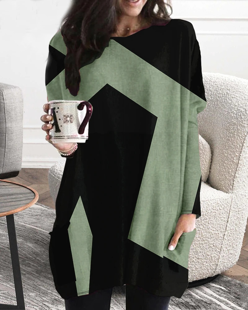 European and American Plus Size Womens Casual Fashion V Neck Long Sleeved Patchwork Dress 250106
