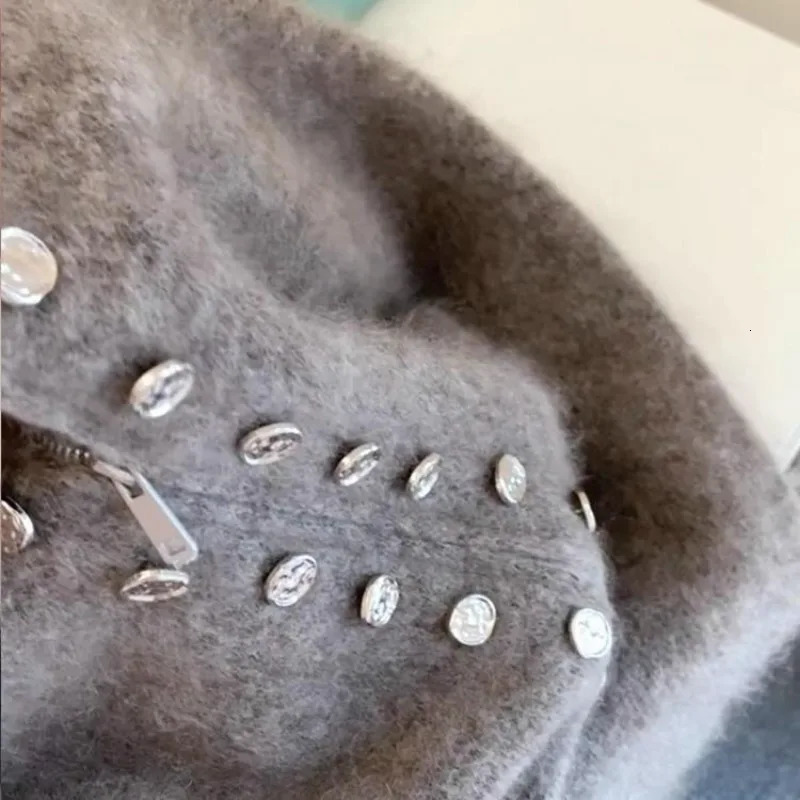 Zipper Elegant Gray Knitted Cardigans Double Breasted Decor Korean Sweaters Stand-up Collar Vintage Thick Coats Women Clothing 250106