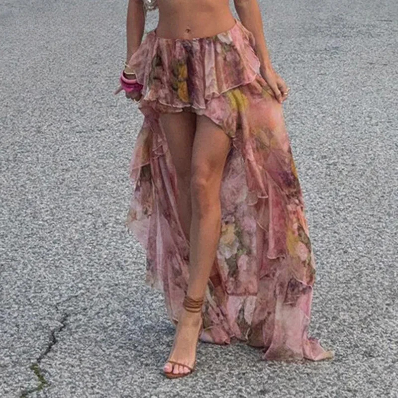 Boho Floral Print Irregular Long Skirt Holiday Party Retro French Style Aline Ruffle Maxi Skirts Coquette 250106