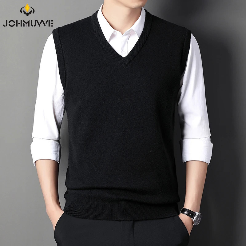 JOHMUVVE Men Vneck Vest Trend Retro Solid Color Allmatch Casual Business Work Woolen Knit Autumn 250107