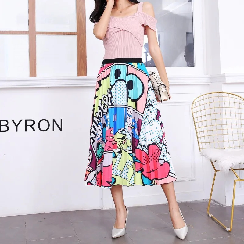 Cartoon Print Pleated Women Long Skirts High Waist ALine Elastic Blue Pink Skirt For Ladies Summer Casual Female Bottoms 250106