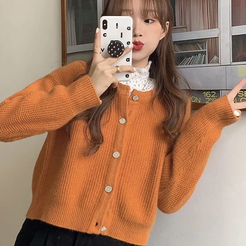 Vintage Solid Color Sweaters For Women Button Knitted Round Neck Comfortable Autumn Winter Fashion Cardigan 250108