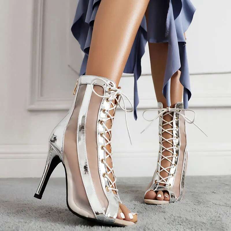 Womens Sier Stilettos Peep Toe Cutout Latin Ladies Party Boot Tango Salsa Dance Heels Ballroom Shoes