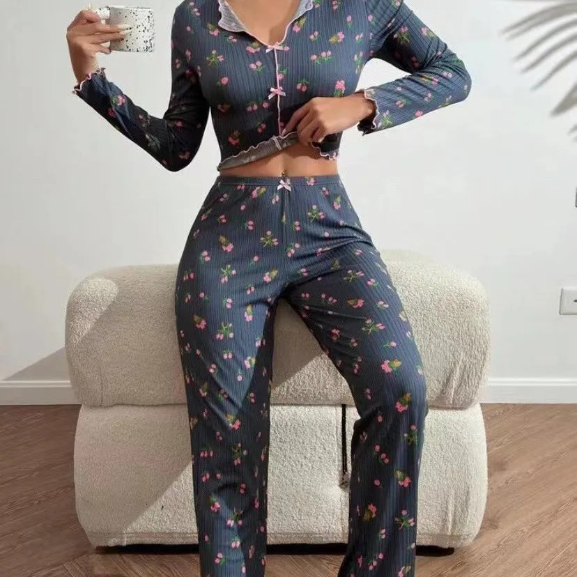 Women Floral Print Pajama Sets Long Sleeve ShirtsPants Female Casual Home Clothes Spring Autumn Sleepwear Bow Nightwear Suits 250106