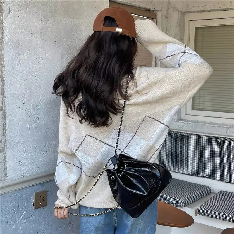 Diamond Shaped Sweater Jacket Cardigan Womens Loose Retro Lazy Style Knitted Long Sleeved Top 250108