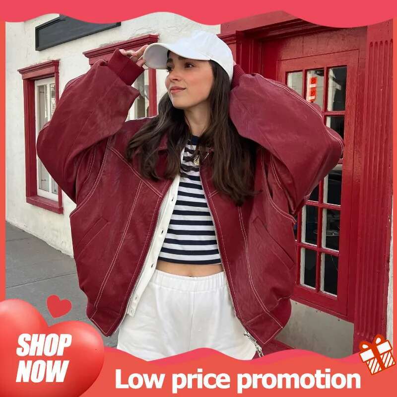 2025 Spring Red Contrast Leather Bomber Fashion Jacket Zipper Front Lapel Pocket Coat Chic Fall New Lady High Streetwear