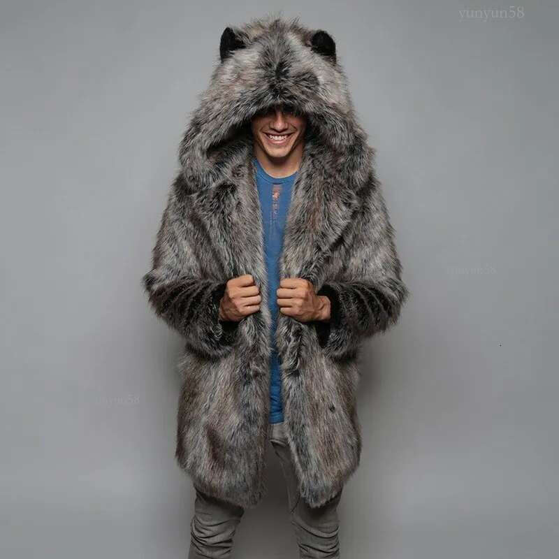 Men Loose Faux Fur Coat Men's Winter Casual Warm Overcoats Men's Long Type Coat Fur Full Sleeve Hooded Ear 220211