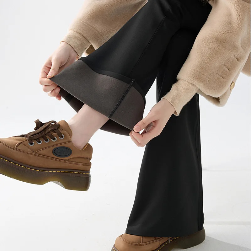 BIVIGAOS Autumn Winter Thin Fleece Sharkskin Micro Flared Pants Leggings Women Elastic High Waist Slim Warm Horseshoe 250106