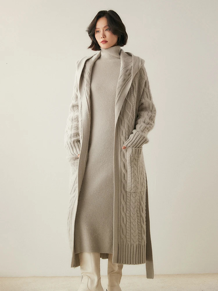 Womens 100% Cashmere Sweater Long Cable Knitting Cardigan Thick Hoodie Casual Style Cashmere Knitted Coat Autumn Winter 250106