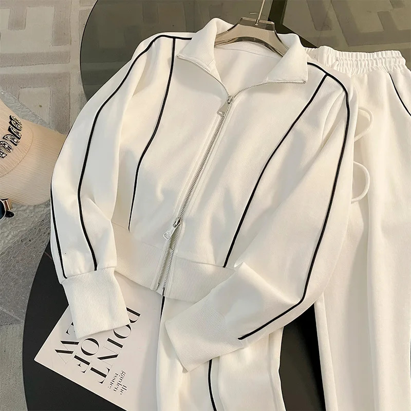 Autumn Casual Cozy Style Two-piece Set Women Long Sleeve Zipper Coat Elastic Waist Pants Sports Trousers Set Outfits 250109