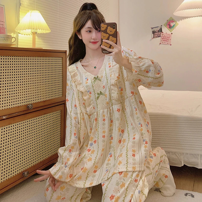 Plus Size Pajama Mujer Cherry Print Sleepwear Set Long Sleeve TopPants Ruffle Homewear SkinFriendly Breathable 250106