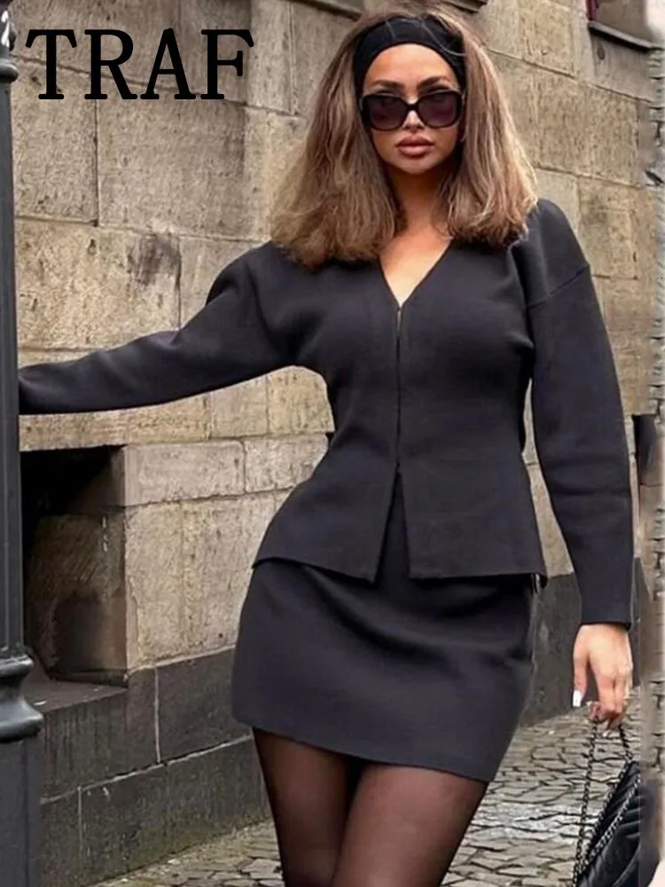 TRAF Women Knit Mini Skirt Sets For 2 Pieces Coat Suits Two Piece Set Outfit Streetwear Clothing 250106
