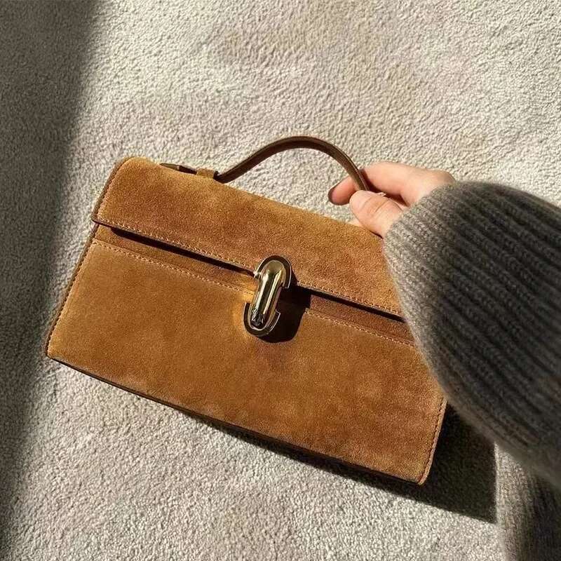 SAVETTE Symmetry Pochette Tote Women Top Handle Bags Genuine Leather Suede Solid Color Simple Handbag Square Bag