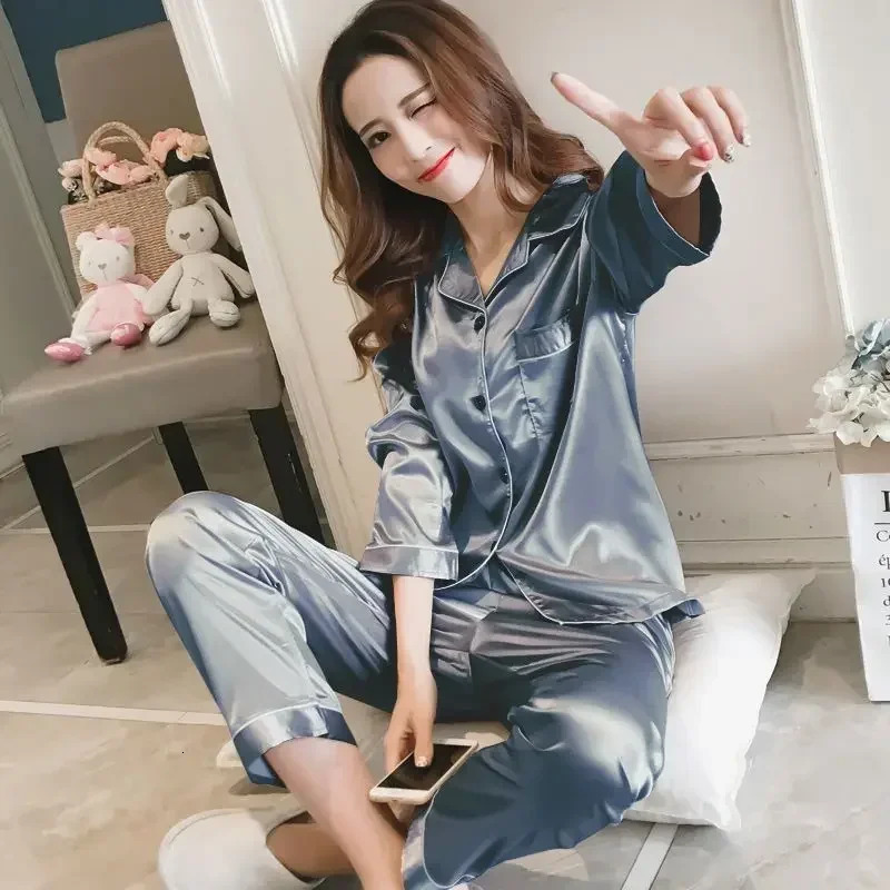 Women Silk Satin Pajamas Pyjamas Set Sleepwear Pijama Couple Suit Drop Sales Loungewear 250106