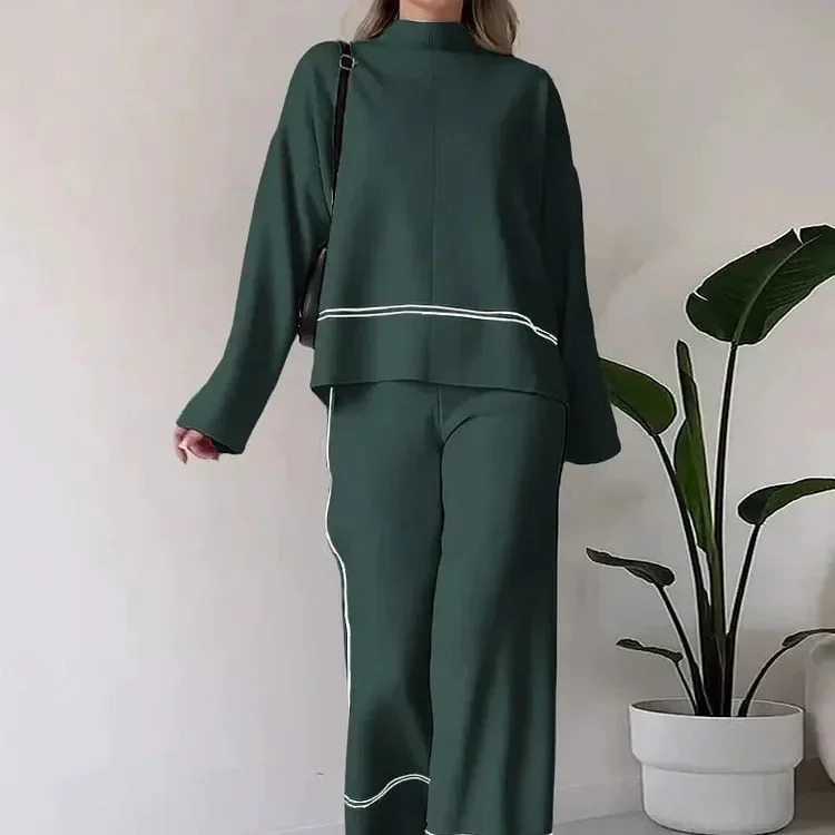 Pant Sets Women Two Piece Knit Full Sleeve Stand Collar Top Pullovers Midi Waist Long Pants Straight Casual Autumn Winter 250106