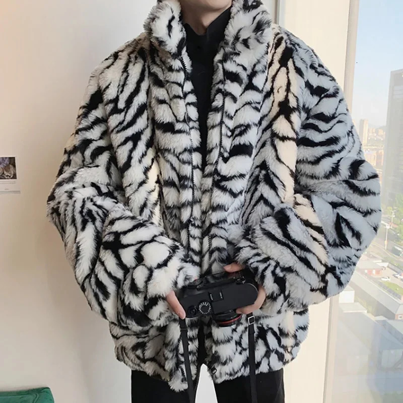 Faux Fur Coat for Men Turndown Collar Tiger Leopard Jacket Thick Winter Warm Fluffy Plush Loose Jumper Outwear 250107