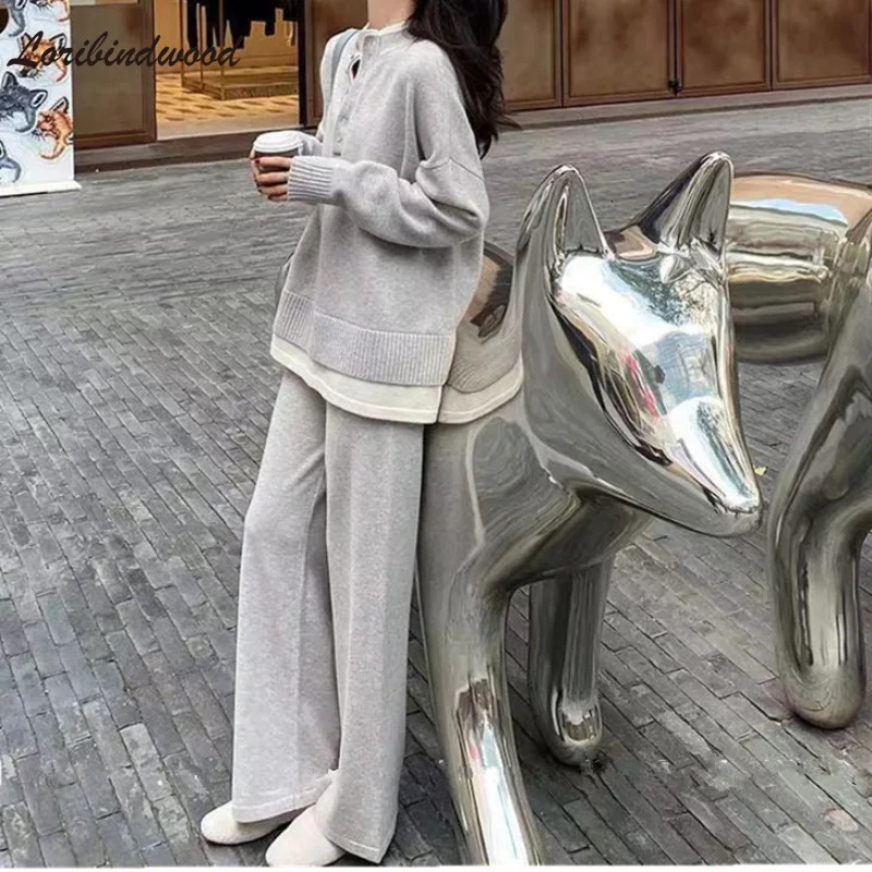Vintage Chic Style Knitted Sportswear TwoPiece Suit Autumn And Winter Fashion Loose Sweater WideLeg Pants Sets 250106