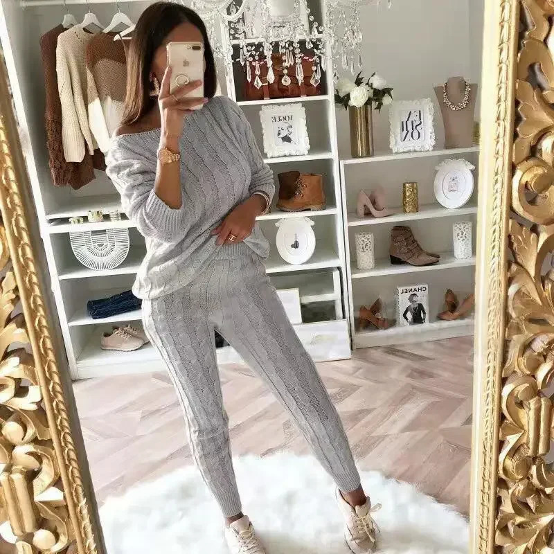 Autumn Winter Women Knitted Tracksuit Two Piece Set Female Sweater Tops Elastic Waist Pant Suit Outfits 250106
