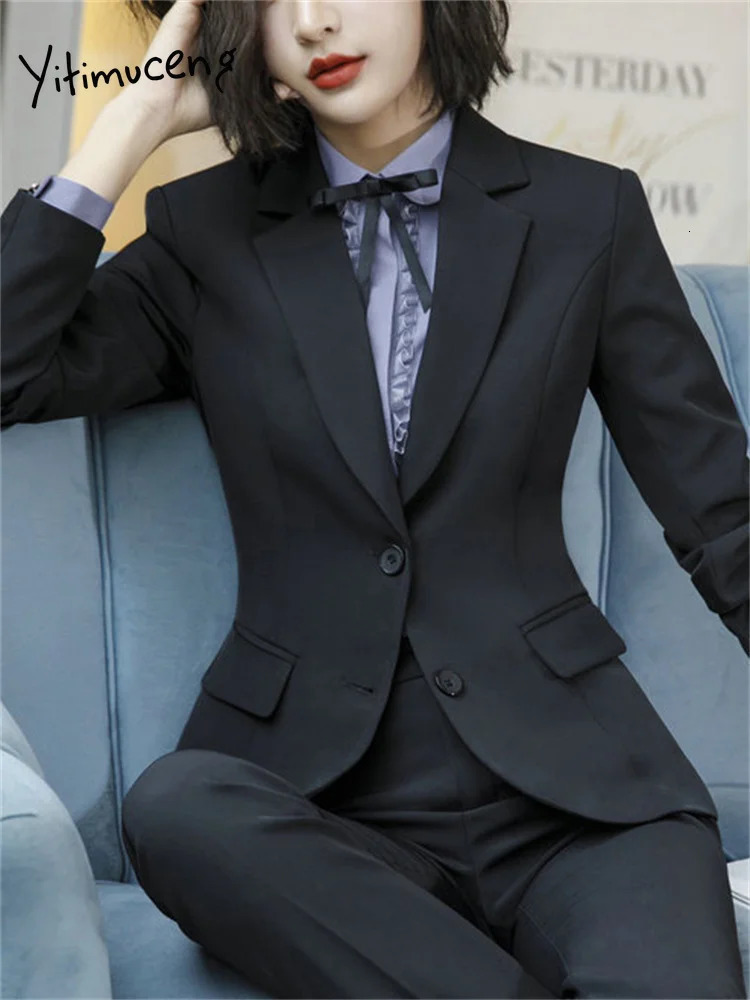 Yitimuceng Office Ladies Pants Suits for Women Long Sleeve Single Breasted Slim Formal Blazer 2 Piece Set 250106