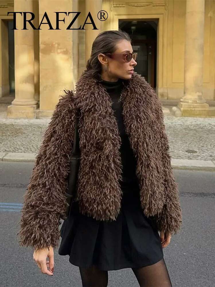 TRAFZA Female High Street Faux Fur Loose Warm Brown Turn Down Collar Long Sleeves Winter Thick Coats Woman 2024 Trendy