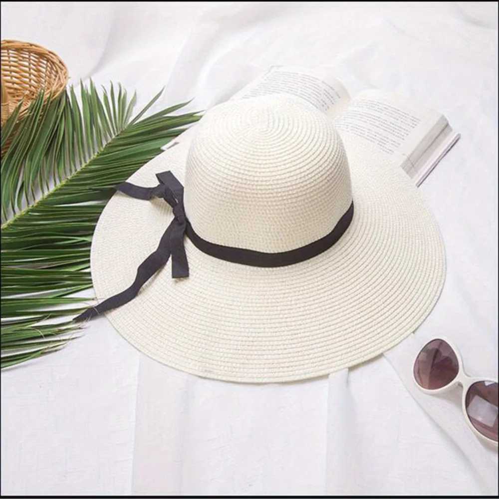 Suitable for Wan Black Bow tie edge Sunscreen folding beach hat outdoor seaside vacation fashionable and elegant X250109