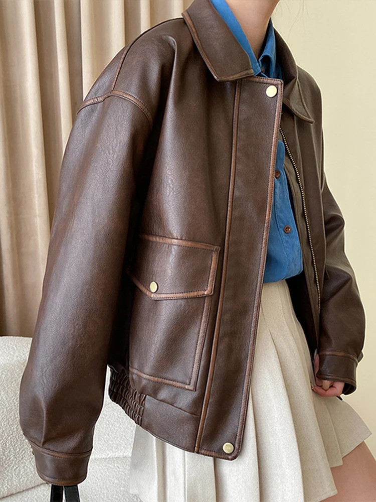 Vintage Maillard Leather Jacket Silhouette Craft PU Motorcycle Top Women Loose Thickened Brown Coat Spring Autumn 250103