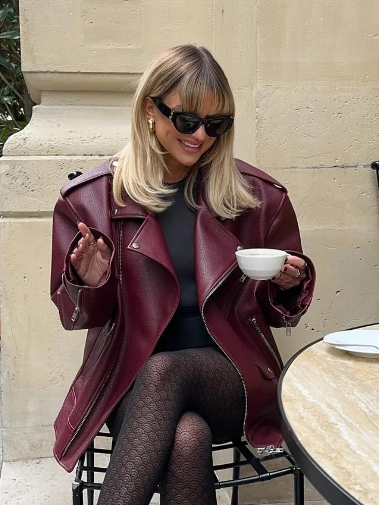 Women Chic Burgundy Irregular Zipper Leather Jacket Elegant Lapel Collar Long Sleeves Coat 2024 Lady Autumn Cool Streetwear 250103