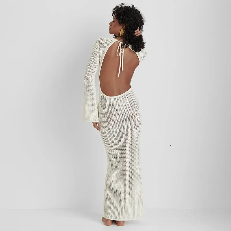 Para Praia Hollow Out Knitted Long Dress Beach Bikini Cover Swimwear Ups Sexy Outfits for Women Beachwear 250106