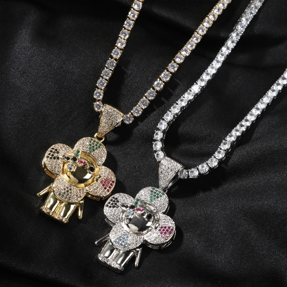Uwin Donkey Flower Pendant Colored Zircon Necklace Hip Hop Jewelry Iced Out Fashion Charm Gifts 250109