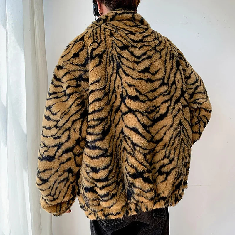 Faux Fur Coat for Men Turndown Collar Tiger Leopard Jacket Thick Winter Warm Fluffy Plush Loose Jumper Outwear 250107