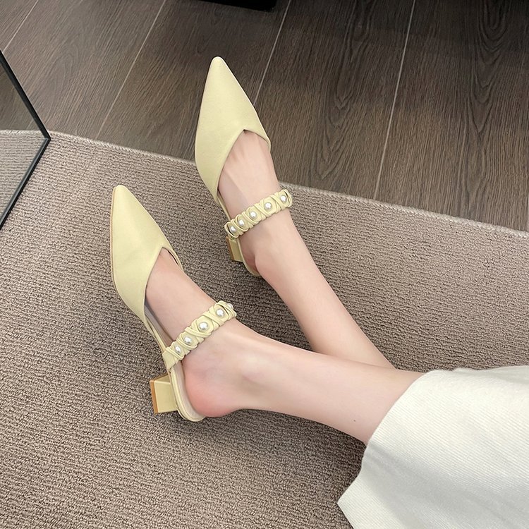 Women hot Slippers New Fashion Design Pearl High Heel Pointed Toe Sandals Triple Beige Yellow Free shipping