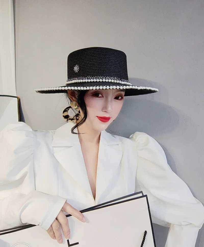 Luxury rhinestone white text hat wide brown French lace work hat pearl retro fashion text hat flat top hat beach trend X250109