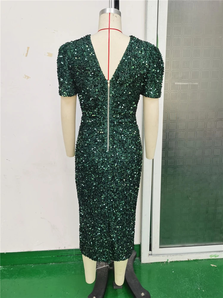 iDress Real Po Women Clothing Elegant Green Sequin Dress Sexy V Neck ner Runway Birthday for Party Dresses 250106