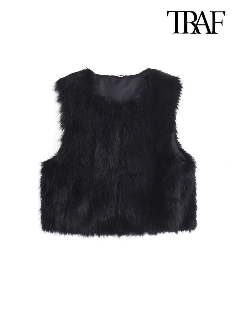 Traf-Women's Faux Fur Cropped Waistcoat, O Neck, Sleeveless, Female Outerwear, Chic Tops, Fashion