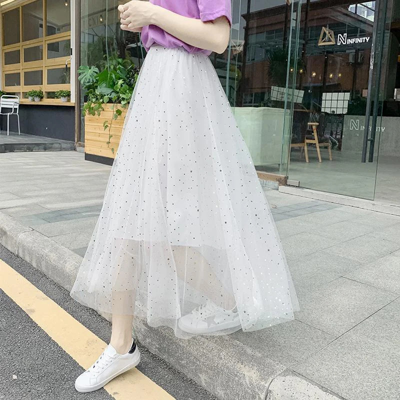 Spring Summer High Waist Elegant Sequins Mesh Skirt Ladies Temperament Allmatch Fairy Ankle Length Aline Skirts Female Clothes 250106