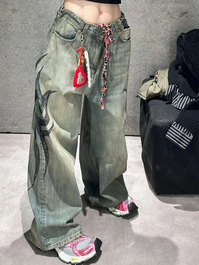 American Gothic Print Blue Wash Y2k Autumn Winter Retro Hip Hop Loose Casual Fashion Street High Waist Straight Jeans