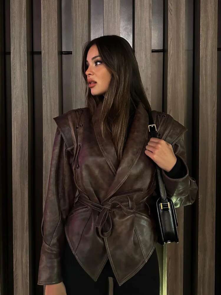 Fashion Solid Pu Leather Women Motorcycle Jacket Chic Lapel Long Sleeve Slim Short Coat With Belt Autumn Lady High Street Tops
