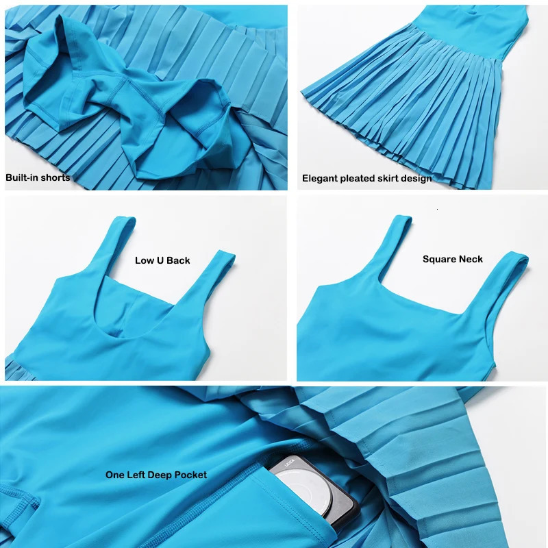 VITALINOVO Workout Tennis Dress with Built in Shorts Square Neck Padded Pockets Golf Athletic Mini Dresses 250106