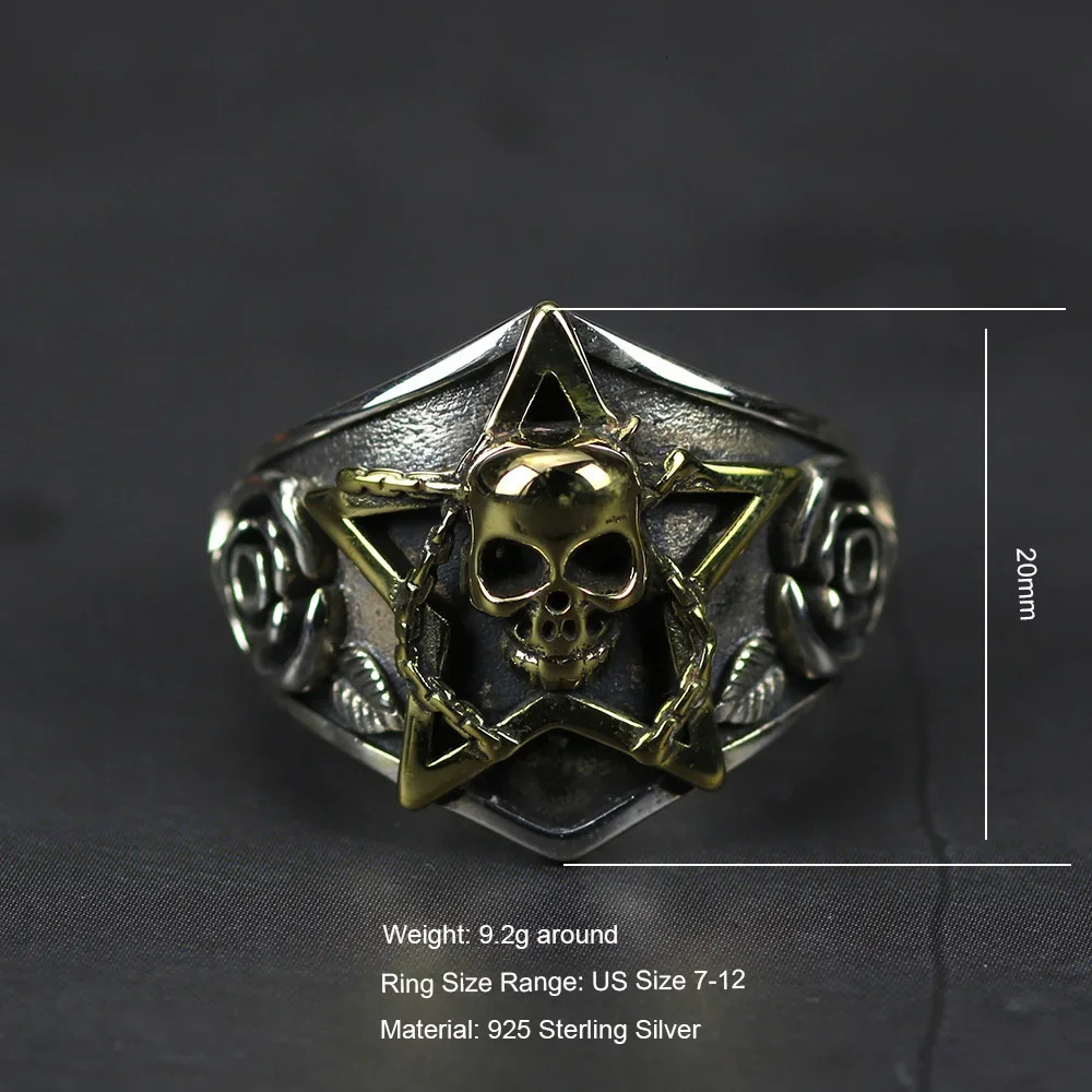 Real Pure 925 Sterling Silver Viking Ring Skull With Pentagram Gothic Punk Rock Rose Flower Carving Resizable For Men and Women 250109