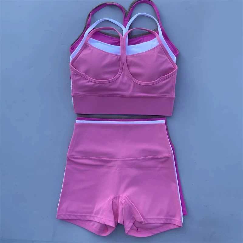 Sexy Solid Color Women Gym Yoga short Leggings Set Soft Women Y line fitness Bra Top Sport Short 2 pc Athletic Workout ClothesXJ250109