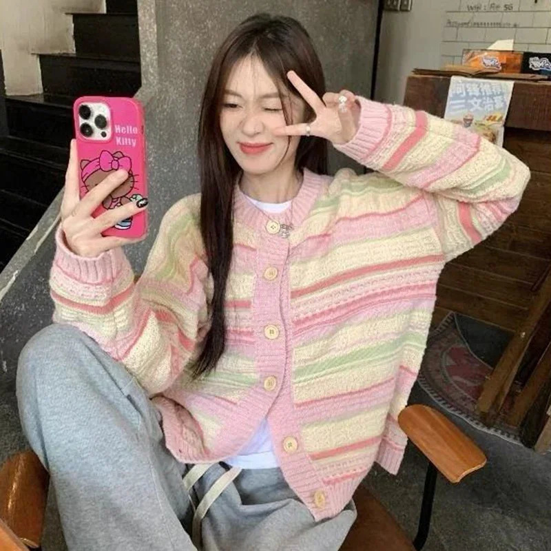 Rimocy Sweet Mixed Color Round Neck Cardiagns Women Korean Single Breasted Knitted Cardigan Woman Chic Long Sleeve Knitwear 250108