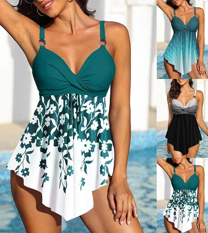 Womens Beachwear Draped Leaf Print Ladies Tankini Swimwear Swim Skirt Two Piece Bikini Set S6XL 250108