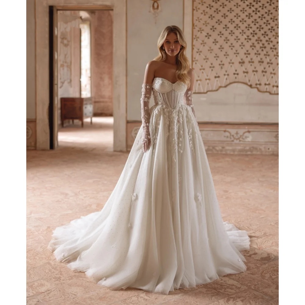 Simple A e Bridal Dress Appliques Pearls Wedding Sleeveless Sweetheart Neck Gown Sweep Train Customized Dresses Vestido De Novia